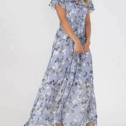 Maxi Dress Women Short Pink Floral Chiffon Ruffle Dress - Maxi Dress - Siddons - Mad Fly Essentials