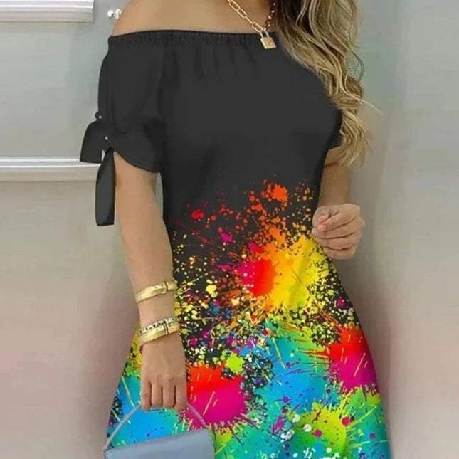 Women Off Shoulder Black Paint Splash Mini Dress