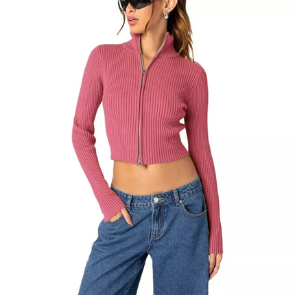 Women Vintage Solid Zip Cropped Sweater