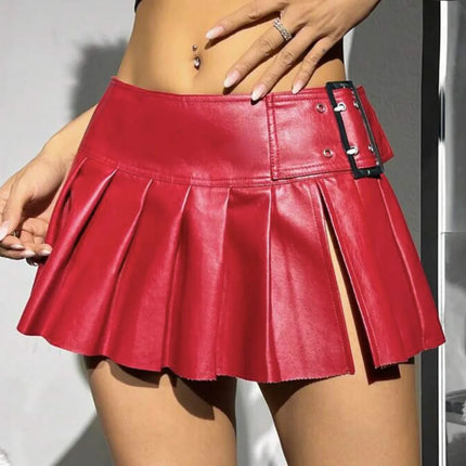 Mini Skirt Women Silver Leather Pleated Belted Skirt - Mini Skirt - Badawen - Mad Fly Essentials