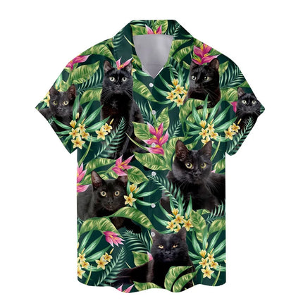 Men Animal Cat Pattern 3D Lapel Shirts