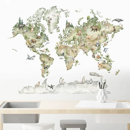 Removable Watercolor World Map Animals Wildlife 3D Wall Stickers