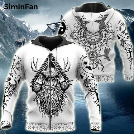 Men Viking Odin Art Raven 3D Tattoo Pullover Hoodies