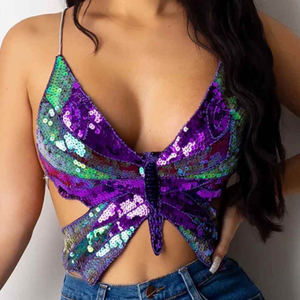 Women Pink Purple Sequin Butterfly Crop Tops - Mad Fly Essentials
