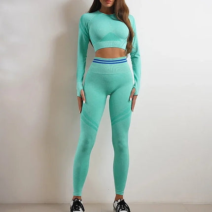 Activewear Set Women Solid Blue Leggings Crop Top Set - Activewear Set - Ensemble - Mad Fly Essentials