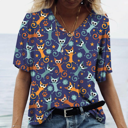 Animal Elements Women's Shop K01-MY01390 / S Women Short Summer Cat Puzzle 3D Shirts