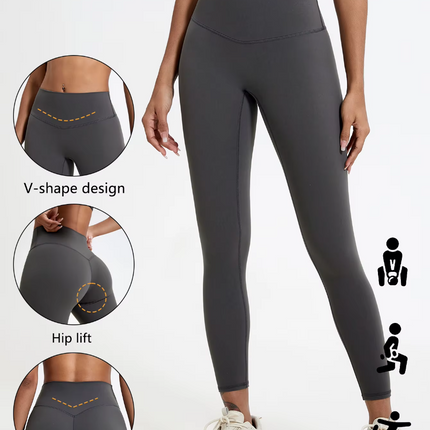 Gray leggings with V-shape design, hip lift, and deep V feature on a white background.

