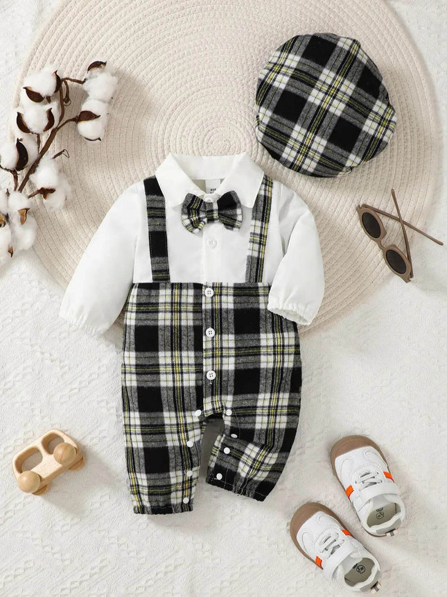Baby Boy Bowtie Gentleman Long Plaid Romper - Baby Romper - Bibihou - Mad Fly Essentials
