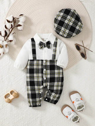 Baby Boy Bowtie Gentleman Long Plaid Romper - Mad Fly Essentials