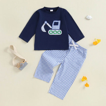 Baby Boy Cartoon Bulldozer Plaid Clothing Set - Clothing Set - SAILEROAD - Mad Fly Essentials