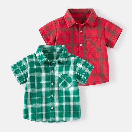 Baby Boy Green Plaid Short Lapel Shirt - Shirt - Baby Essentials - Mad Fly Essentials