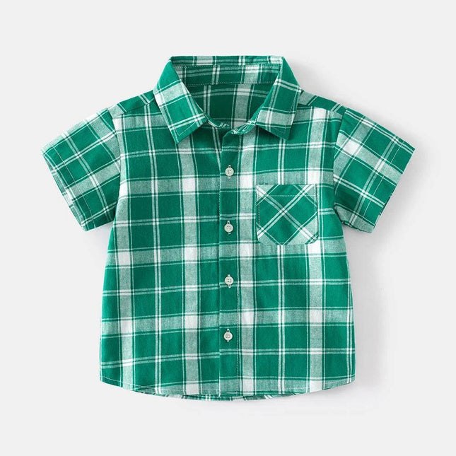 Baby Boy Green Plaid Short Lapel Shirt - Mad Fly Essentials