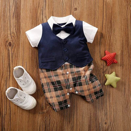Baby Boys Short Sleeve Plaid Jumpsuit Gentleman Romper - Baby Romper - pudcoco - Mad Fly Essentials