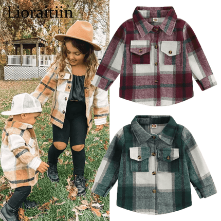 Baby Girl Lapel - Long Plaid Shirt Jacket - Jacket - Lioraitiin Kids - Mad Fly Essentials