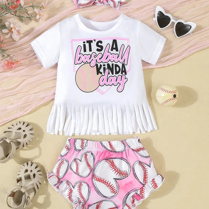 Baby Girl Set Baseball Print Short 3pc Outfit Set - Baby Girl Set - PatPat - Mad Fly Essentials