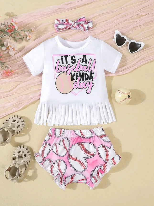 Baby Girl Set Baseball Print Short 3pc Outfit Set - Baby Girl Set - PatPat - Mad Fly Essentials