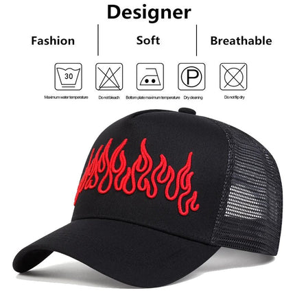 Baseball Hat Men Flame Embroidery Trucker Caps - Baseball Hat - PangKE - Mad Fly Essentials