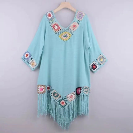 Beach Dress Women White Trim Tunic Fringe Dress - Beach Dress - Crochet Bikini - Mad Fly Essentials