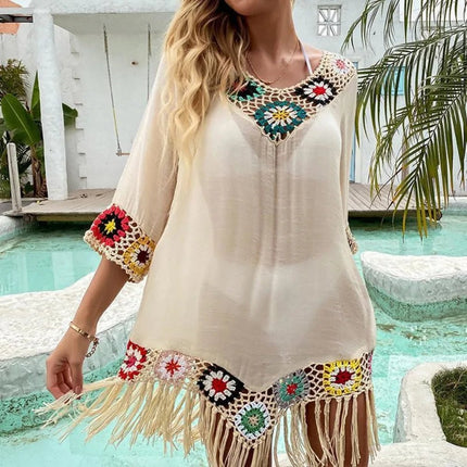 Beach Dress Women White Trim Tunic Fringe Dress - Beach Dress - Crochet Bikini - Mad Fly Essentials