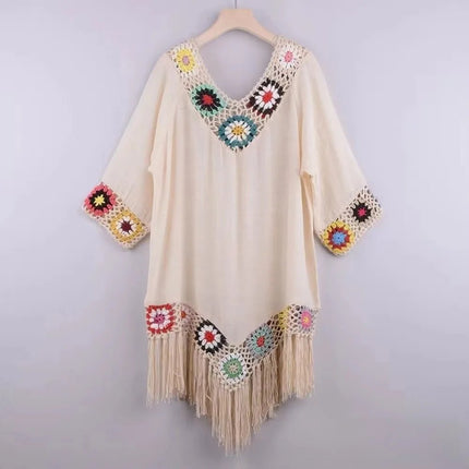 Beach Dress Women White Trim Tunic Fringe Dress - Beach Dress - Crochet Bikini - Mad Fly Essentials