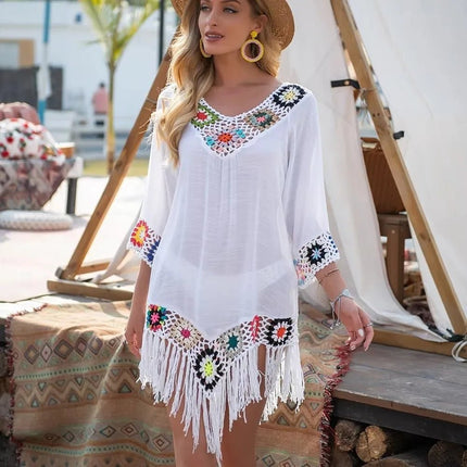 Beach Dress Women White Trim Tunic Fringe Dress - Beach Dress - Crochet Bikini - Mad Fly Essentials