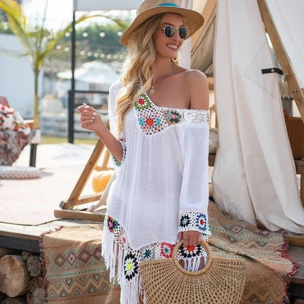 Beach Dress Women White Trim Tunic Fringe Dress - Beach Dress - Crochet Bikini - Mad Fly Essentials