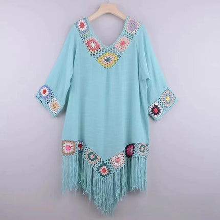 Beach Dress Women White Trim Tunic Fringe Dress - Beach Dress - Crochet Bikini - Mad Fly Essentials