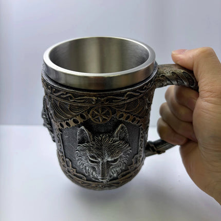 Beer Mug Norse Wolf Head Stainless Viking Tankard - Beer Mug - BARMAID BARWARE - Mad Fly Essentials