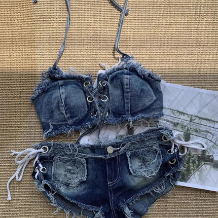 Bikini Set Women Denim Shorts Summer Bikini - Bikini Set - BlackArachnia - Mad Fly Essentials