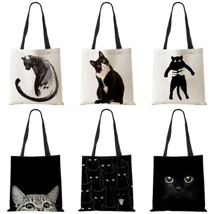 Black Cat Linen Eco Shoulder Handbag - Handbag - COOLOST - Mad Fly Essentials