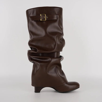 Boots Women Brown Leather Buckle Low Heel Footwear - Boots - onlymaker - Mad Fly Essentials