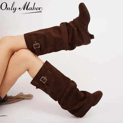 Boots Women Brown Leather Buckle Low Heel Footwear - Boots - onlymaker - Mad Fly Essentials