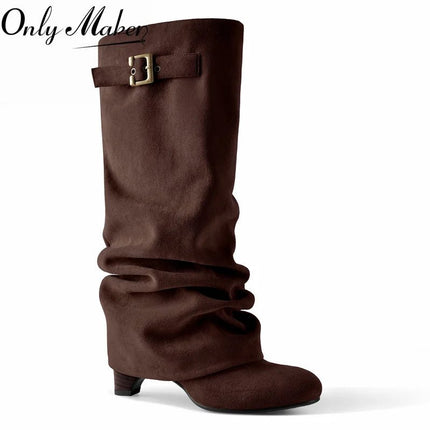 Boots Women Brown Leather Buckle Low Heel Footwear - Boots - onlymaker - Mad Fly Essentials