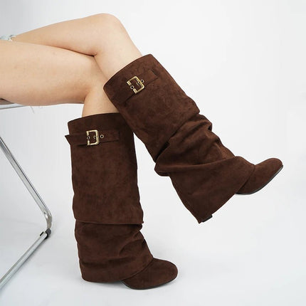 Boots Women Brown Leather Buckle Low Heel Footwear - Boots - onlymaker - Mad Fly Essentials