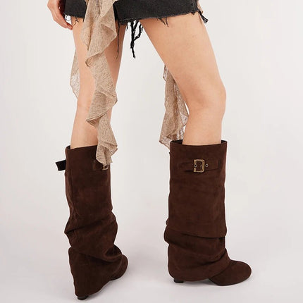 Boots Women Brown Leather Buckle Low Heel Footwear - Boots - onlymaker - Mad Fly Essentials