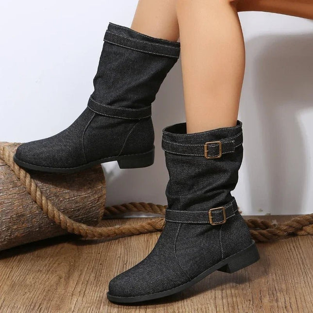 Boots Women Fashion Denim Round Toe Buckle Footwear - Boots - Siddons - Mad Fly Essentials