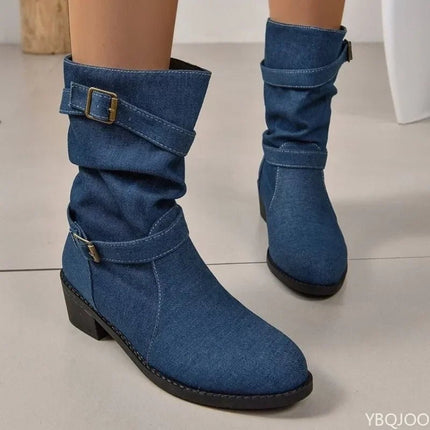 Boots Women Fashion Denim Round Toe Buckle Footwear - Boots - Siddons - Mad Fly Essentials