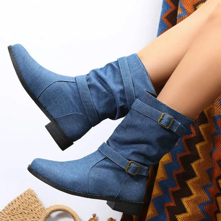 Boots Women Fashion Denim Round Toe Buckle Footwear - Boots - Siddons - Mad Fly Essentials