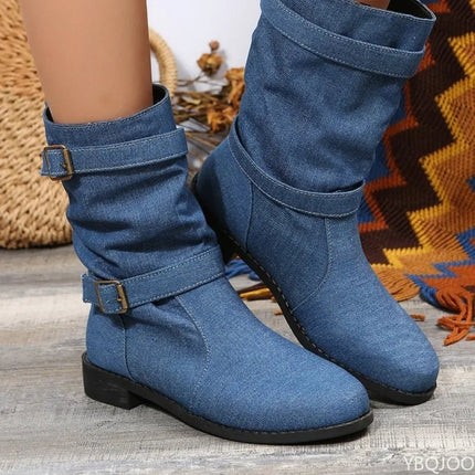 Boots Women Fashion Denim Round Toe Buckle Footwear - Boots - Siddons - Mad Fly Essentials