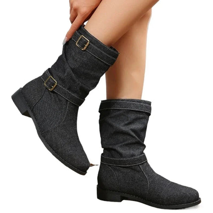 Boots Women Fashion Denim Round Toe Buckle Footwear - Boots - Siddons - Mad Fly Essentials