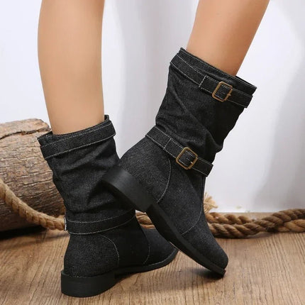 Boots Women Fashion Denim Round Toe Buckle Footwear - Boots - Siddons - Mad Fly Essentials