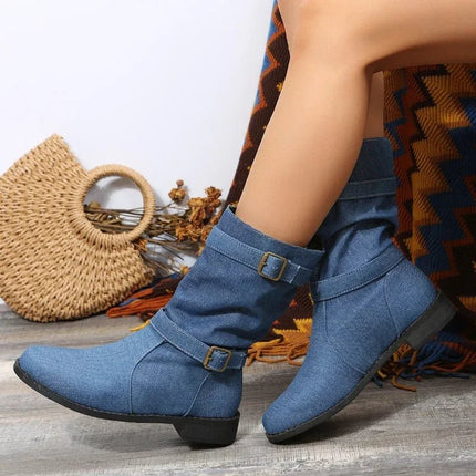Boots Women Fashion Denim Round Toe Buckle Footwear - Boots - Siddons - Mad Fly Essentials