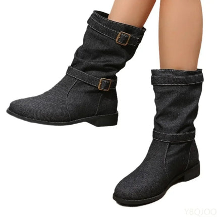 Boots Women Fashion Denim Round Toe Buckle Footwear - Boots - Siddons - Mad Fly Essentials