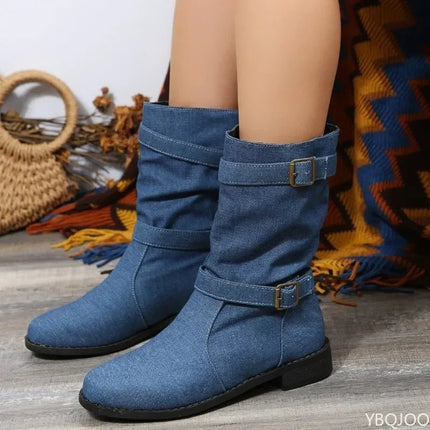 Boots Women Fashion Denim Round Toe Buckle Footwear - Boots - Siddons - Mad Fly Essentials