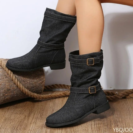Boots Women Fashion Denim Round Toe Buckle Footwear - Boots - Siddons - Mad Fly Essentials