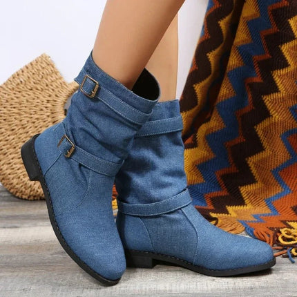 Boots Women Fashion Denim Round Toe Buckle Footwear - Boots - Siddons - Mad Fly Essentials