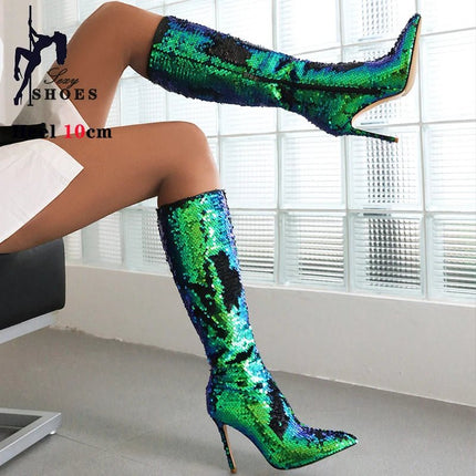 Boots Women Rhinestone Silver Knee Party High Heels - Boots - Taylor Hillier - Mad Fly Essentials