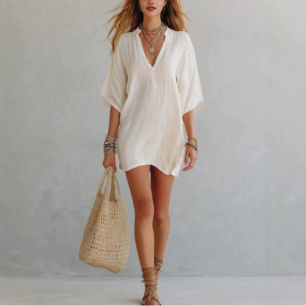 Business Attire Women Boho Linen Mini Dress - Business Attire - Suit Set - Mad Fly Essentials
