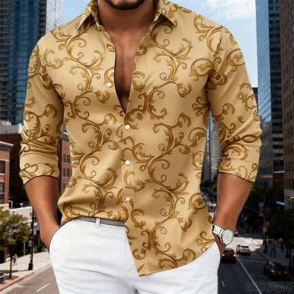 Business Casual Shirt Men Luxury Baroque Gold Pattern Long Tops - Business Casual Shirt - SPQ - Mad Fly Essentials