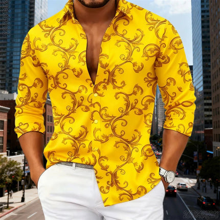Business Casual Shirt Men Luxury Baroque Gold Pattern Long Tops - Business Casual Shirt - SPQ - Mad Fly Essentials